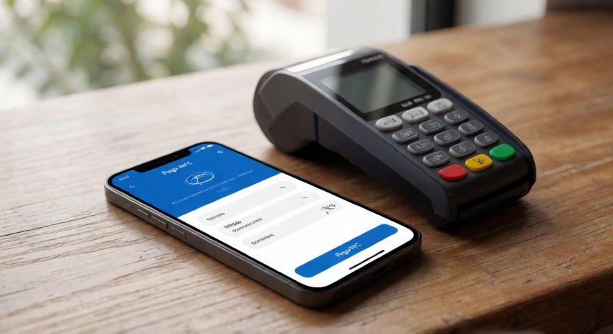 que celulares tienen tecnología nfc, Smartphone con NFC junto a un terminal de pago sin contacto