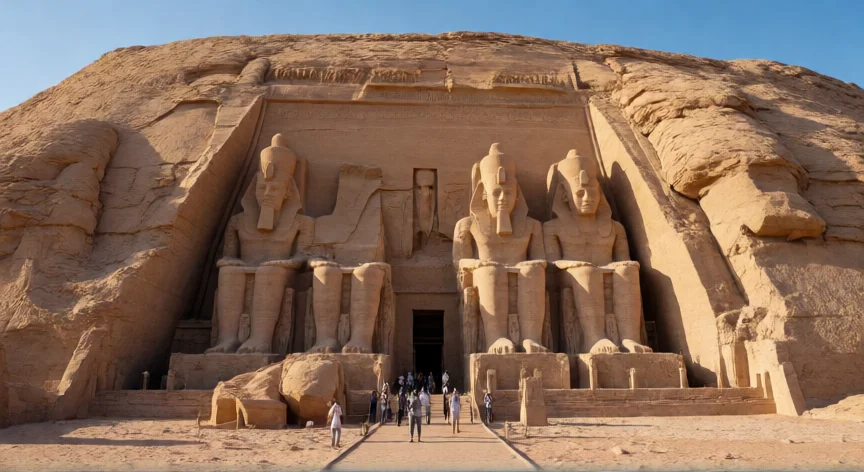 qué construcciones famosas hicieron los egipcios, Fachada del Templo de Abu Simbel con las cuatro colosales estatuas de Ramsés II