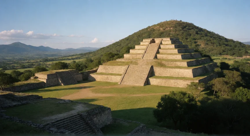 Vista de la Gran Plaza y Pirámide de las Tumbas en Monte Albán, Oaxaca