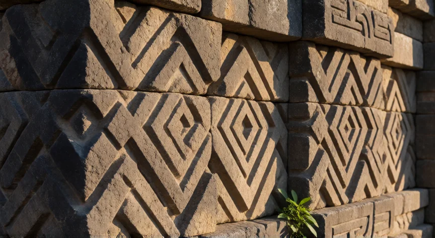 que construcciones hicieron los zapotecas, Detalle de bloques de cantera entrelazados en el Templo del Sol de Mitla