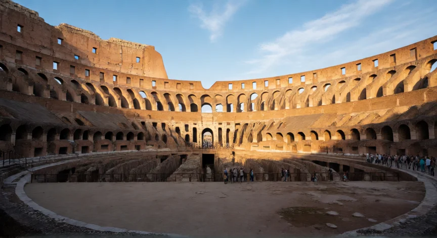 Fachada exterior del Coliseo de Roma al atardecer con sus tres niveles de arcos de travertino