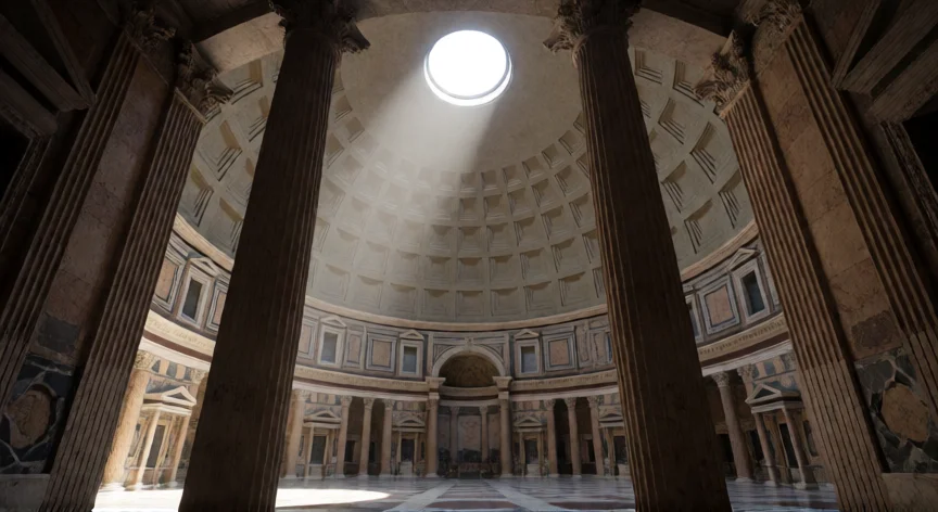 que construcciones importantes hicieron los romanos, Interior del Panteón de Roma mostrando la cúpula de hormigón y el oculus central iluminado