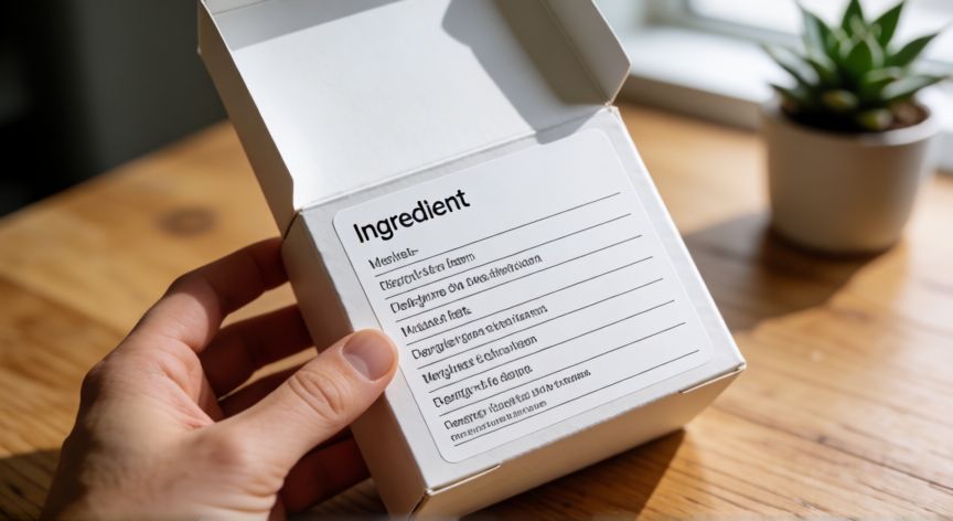 que contiene formula 44, Manos sosteniendo la caja de un producto mostrando la etiqueta de ingredientes