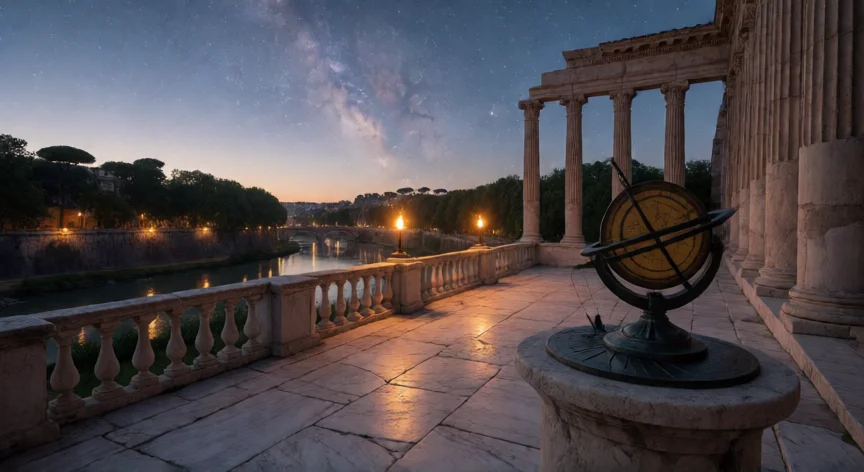 Observatorio romano al atardecer con astrolabio y esfera armilar bajo el cielo estrellado