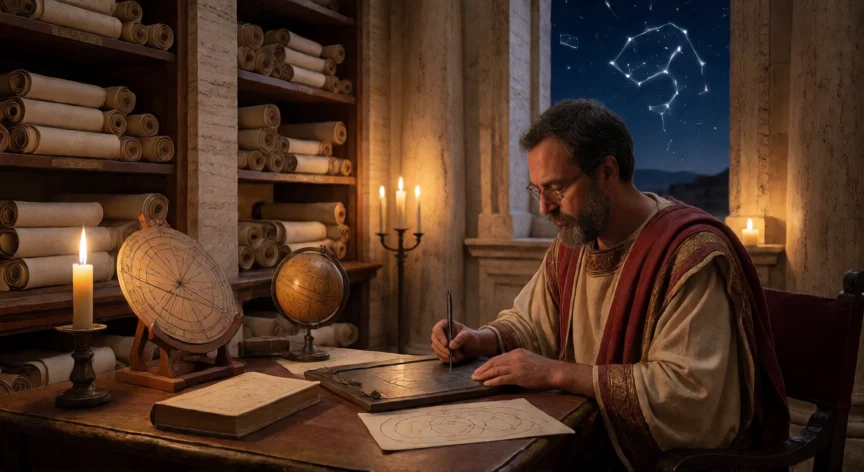 que descubrimientos astronomicos hicieron los romanos, Erudito romano en una biblioteca dibujando mapas estelares con instrumentos astronómicos