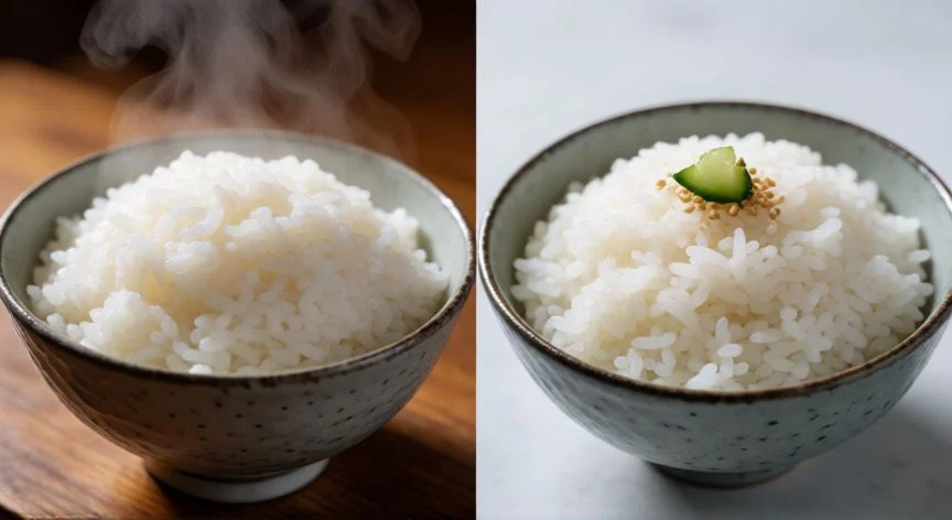 Comparativa visual entre arroz caliente con vapor y arroz frío de granos sueltos
