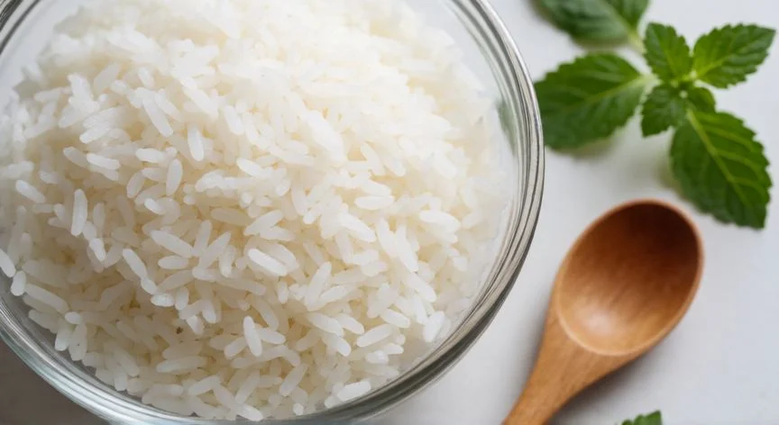 que diferencia hay entre comer arroz frio o caliente, Bol de cristal con granos de arroz frío sueltos y textura firme