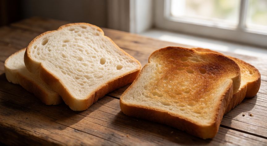 que diferencia hay entre comer pan tostado y sin tostar, Comparativa visual entre pan fresco y pan tostado sobre mesa de madera