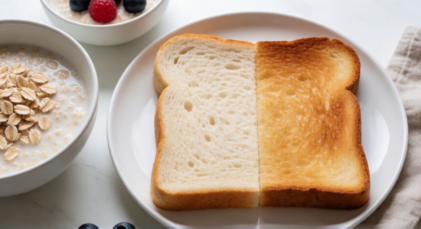 que diferencia hay entre comer pan tostado y sin tostar, Desayuno saludable con pan fresco y tostado para comparar texturas