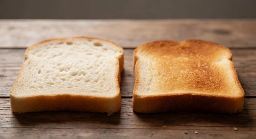 Comparación visual entre una rebanada de pan fresco y una tostada dorada