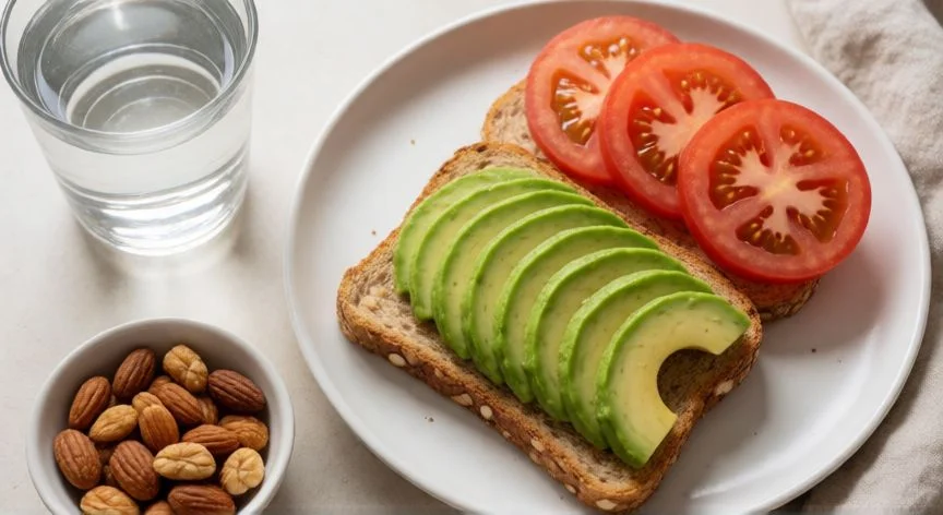 que diferencia hay entre comer pan y tostadas, Plato de desayuno saludable con tostadas integrales y acompañamientos nutritivos