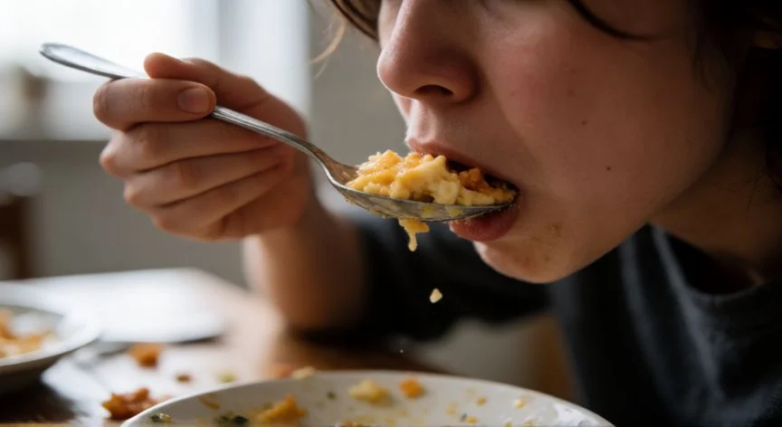 Persona comiendo rápidamente mostrando estrés y prisa