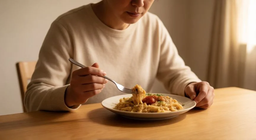 que diferencia hay entre comer rapido o lento, Persona comiendo lentamente de forma consciente y tranquila