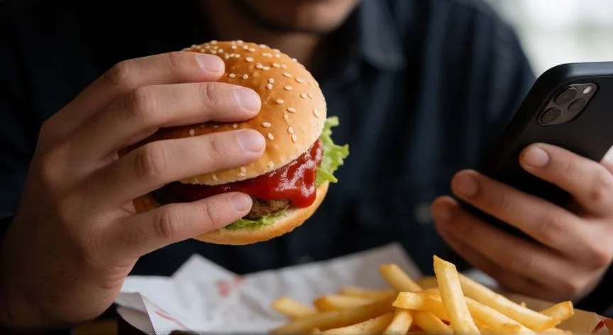 Persona comiendo comida rápida de forma mecánica y distraída
