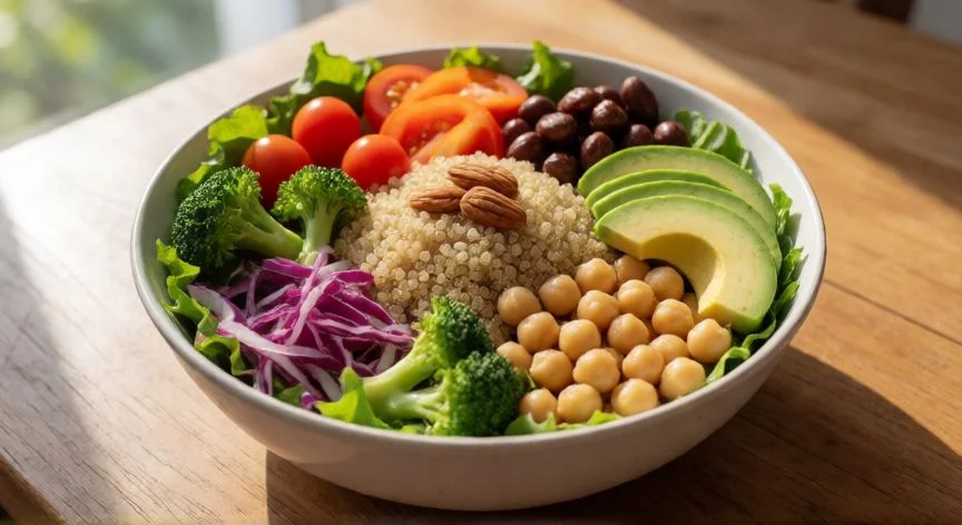 qué diferencia hay entre comer y alimentarse, Bol de ensalada saludable y equilibrado bajo luz natural