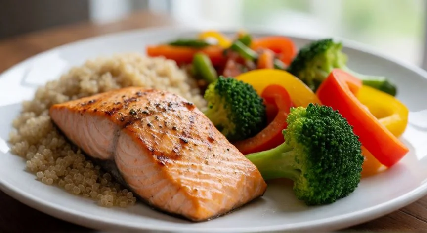 Comparación visual entre comer y nutrirse en una mesa rústica