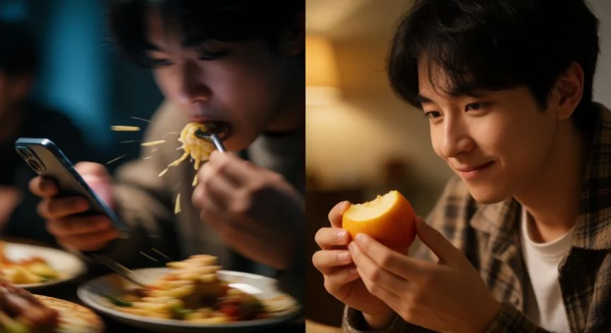 qué diferencia hay entre comer y saborear, Comparación visual entre comer con prisa y saborear conscientemente