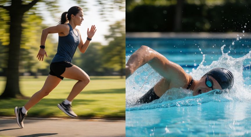 que ejercicio es mejor correr o nadar, Comparativa fotográfica de un corredor en una pista y un nadador en una piscina