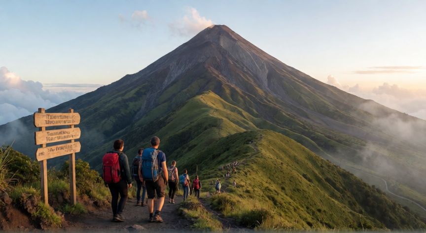 qué elementos cambiarías o agregarías a la guía turística de tungurahua, Guía turística de Tungurahua con vista al volcán y senderistas
