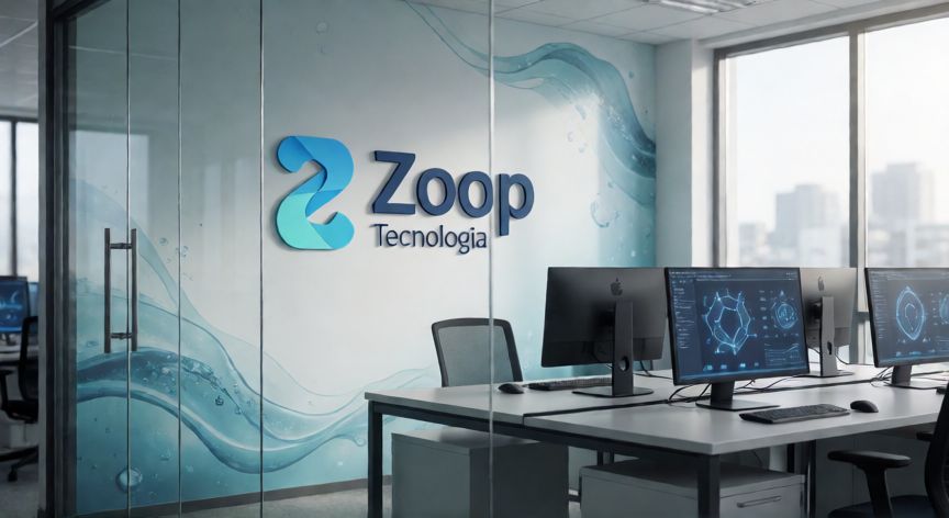 que empresa é zoop tecnologia, Oficina moderna de una empresa tecnológica llamada Zoop Tecnologia con logotipo visible y pantalla con datos científicos