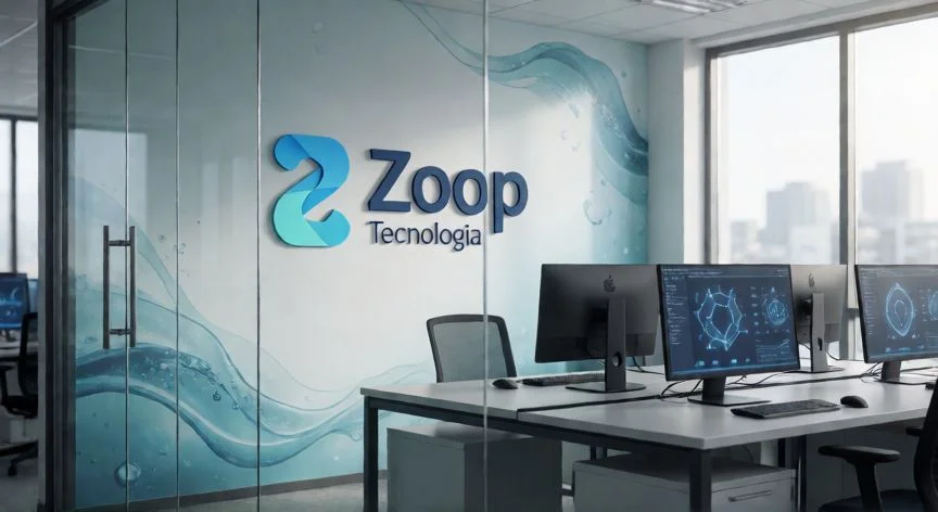 Oficina moderna de una empresa tecnológica llamada Zoop Tecnologia con logotipo visible y pantalla con datos científicos