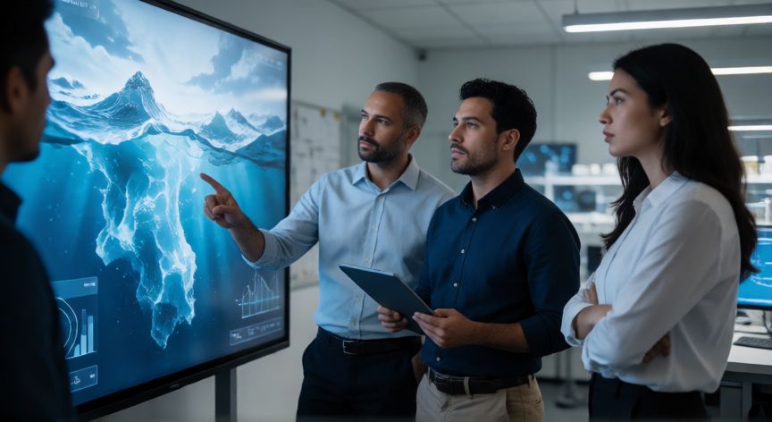 que empresa é zoop tecnologia, Equipo de innovación tecnológica de Zoop Tecnologia analizando visualizaciones de datos en una sala moderna