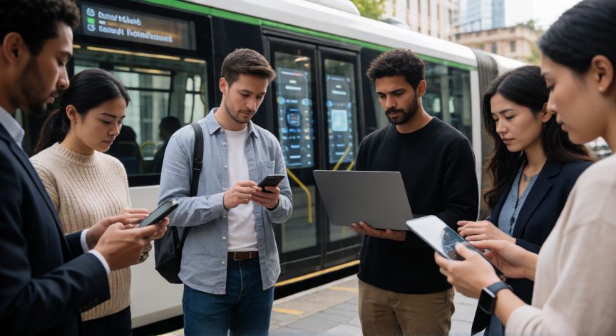 que entiendes x tecnología, Grupo de personas usando tecnología cotidiana en una ciudad moderna