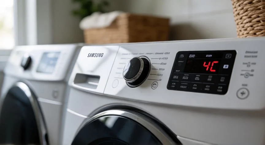 Panel de control de lavadora Samsung mostrando el código de error 4C en rojo