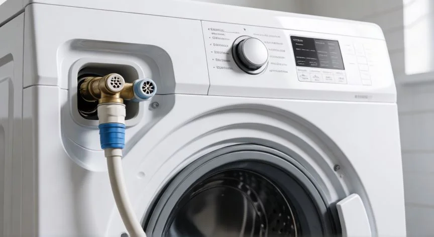 Conexión de la manguera de agua y filtro en la parte trasera de una lavadora Samsung