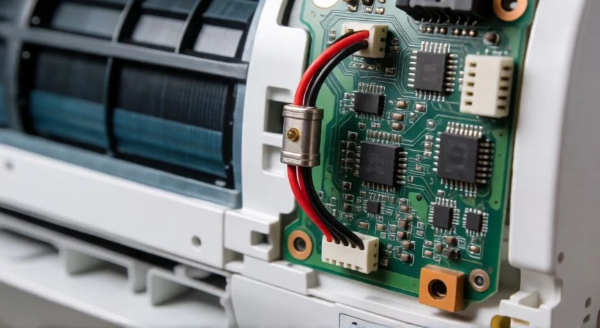 Vista interna del aire acondicionado mostrando el sensor de temperatura y la placa electrónica