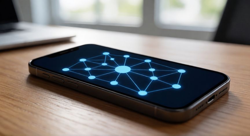 que es android aicore, Smartphone mostrando visualización de red neuronal en pantalla