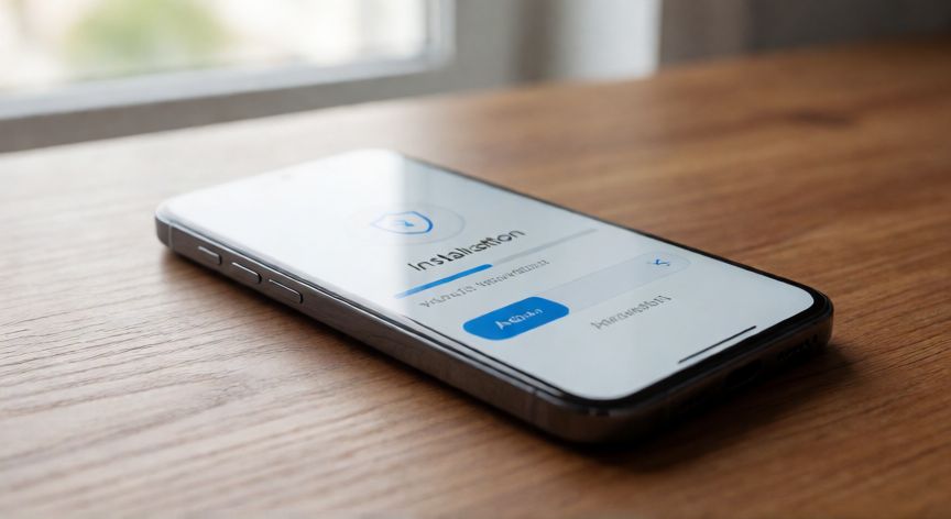 que es android app installer, Smartphone mostrando la interfaz de instalación segura de aplicaciones Android con icono de escudo