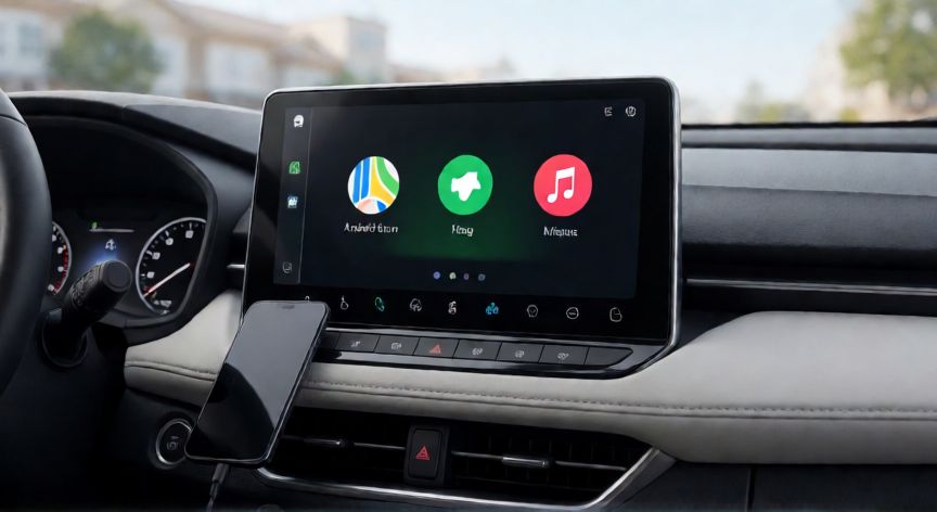 que es android auto en el celular, Pantalla de un coche mostrando la interfaz de Android Auto conectada por cable USB