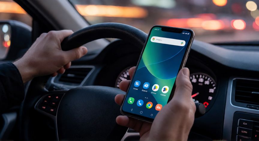 que es android auto en el celular, Manos de un conductor al volante con el teléfono Android en la mano