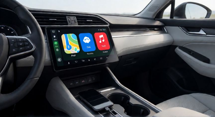 que es android auto y carplay, Pantalla de coche mostrando la interfaz de Android Auto conectada por cable