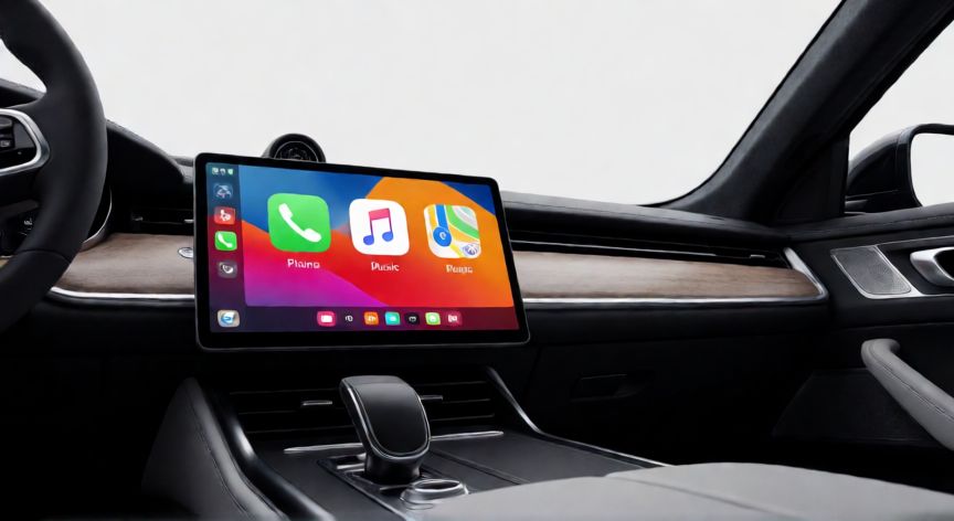 que es android auto y carplay, Interior de coche con pantalla mostrando la interfaz minimalista de Apple CarPlay