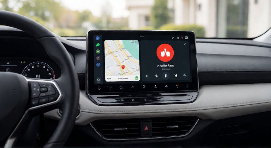 que es android auto y como funciona, Pantalla de un coche mostrando la interfaz de Android Auto con mapa de navegación