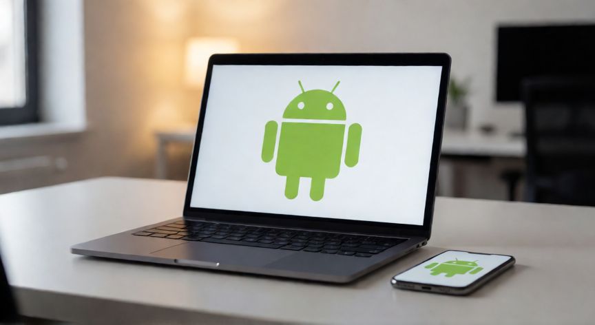 que es android com, Pantalla de ordenador y móvil mostrando el logotipo oficial de Android en un escritorio de oficina moderno