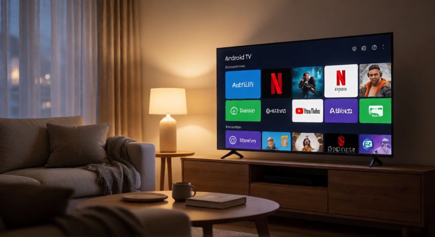 que es android en la tv, Televisor inteligente mostrando la interfaz de Android TV en un salón moderno