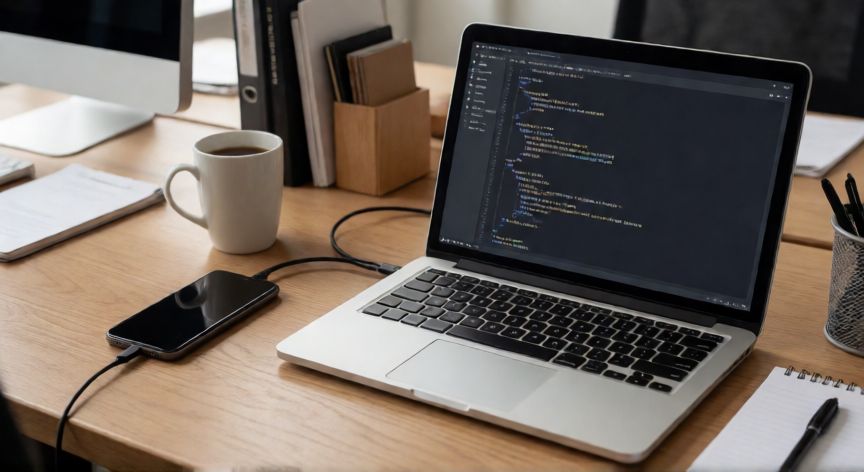 que es android installer, Mesa de trabajo con teléfono conectado a portátil mostrando comandos de instalación ADB