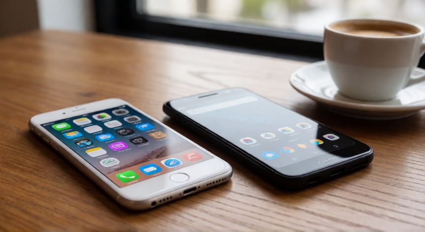 que es android ios, Teléfonos móviles con sistemas Android e iOS sobre una mesa
