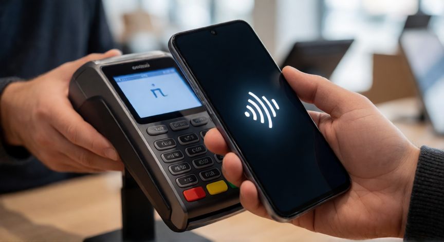 que es android nfc, Smartphone Android realizando pago con tecnología NFC en un comercio