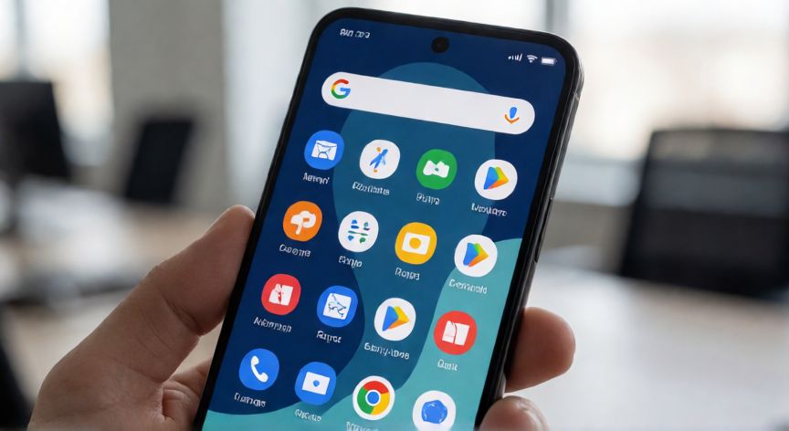 que es android o ios, Smartphone mostrando la interfaz de Android con iconos de aplicaciones y barra de búsqueda de Google
