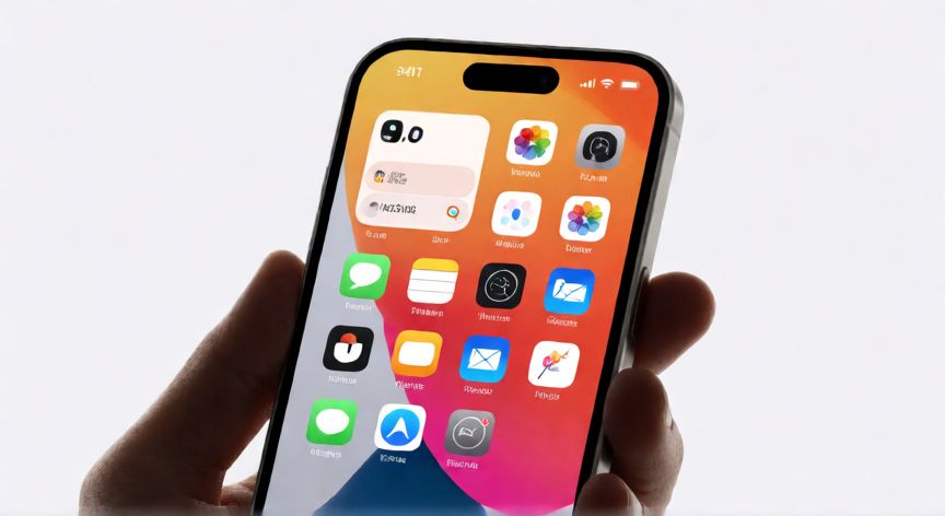 que es android o ios, iPhone mostrando la interfaz de iOS con iconos redondeados y widgets en pantalla de inicio