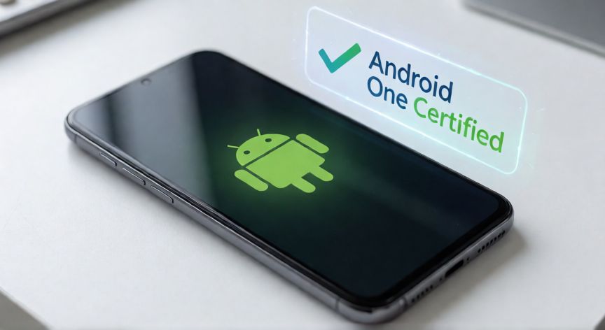 que es android one, Smartphone con certificación Android One mostrando el logo en la pantalla sobre un escritorio blanco