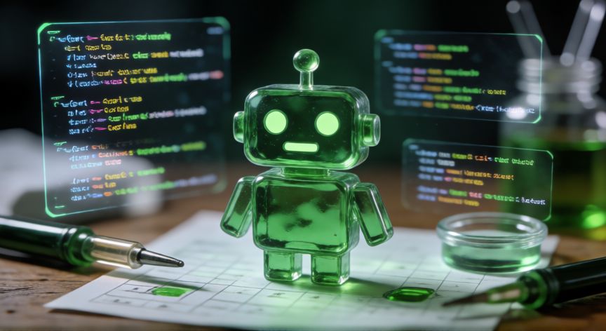 que es android open source project, Logotipo de Android sobre una mesa de trabajo con código en el fondo