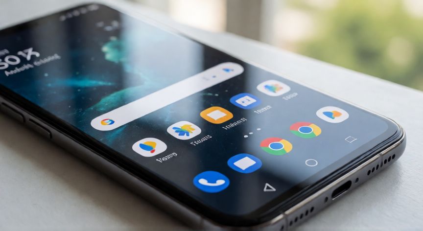 que es android os, Pantalla de un teléfono inteligente mostrando la interfaz de usuario de Android con iconos de aplicaciones