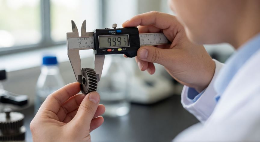 Científico midiendo una pieza metálica con un calibre digital en un laboratorio