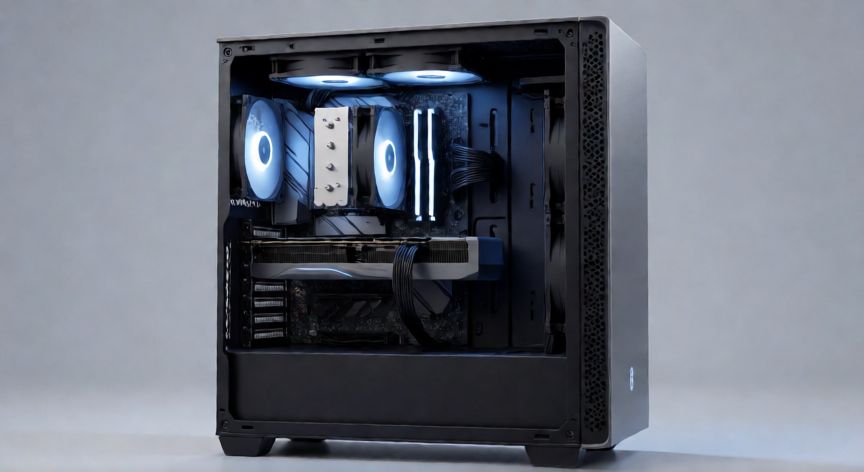 que es el ordenador hardware, Vista interna de una torre de ordenador mostrando los componentes de hardware