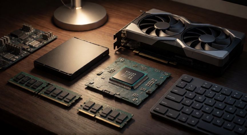 que es el ordenador hardware, Componentes de hardware de ordenador dispuestos sobre un escritorio